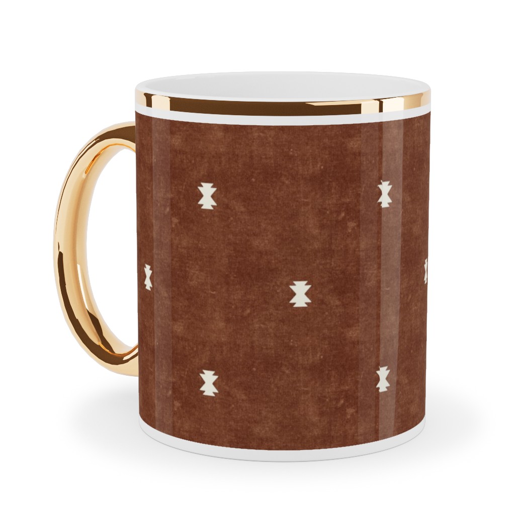 Bohemian Aztec Simple - Brandywine Ceramic Mug, Gold Handle, , 11oz, Brown, Brown