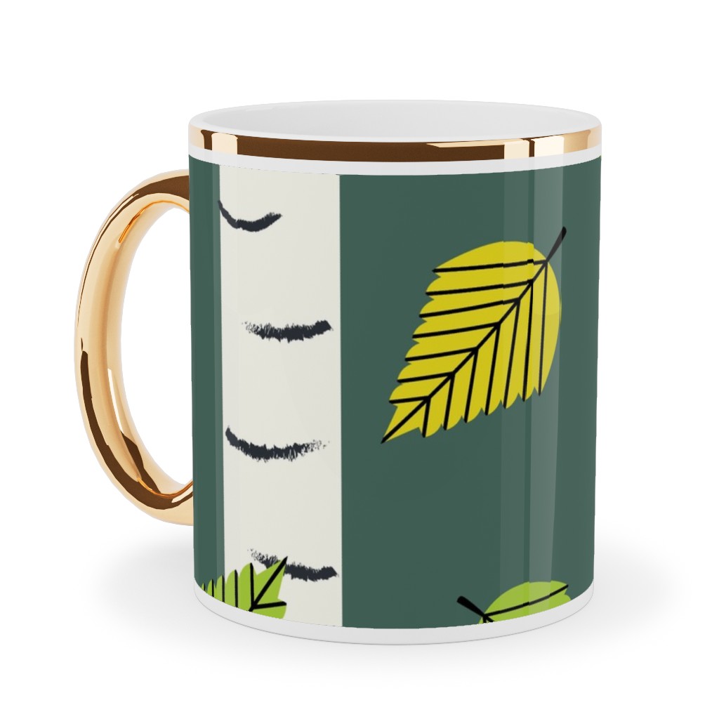 Autumn Birch Forest Ceramic Mug, Gold Handle, , 11oz, Green, Classic Green