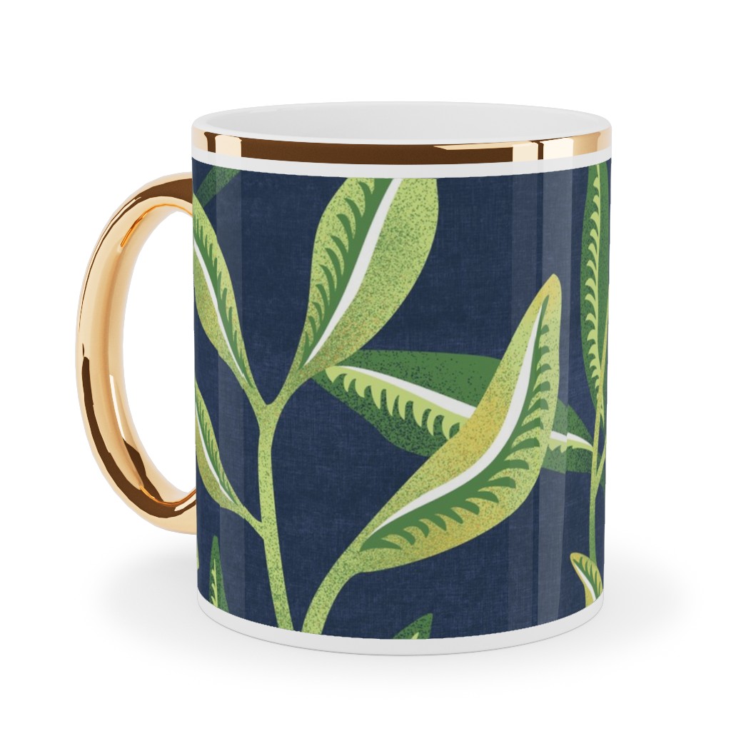 Green Leafy Vines - Blue and Green Ceramic Mug, Gold Handle, , 11oz, Green, Classic Green