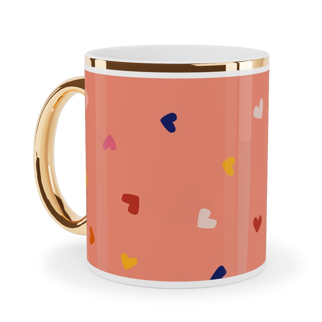 Heart Sprinkles - Pink Ceramic Mug, Gold Handle, , 11oz, Pink, Bright Pink