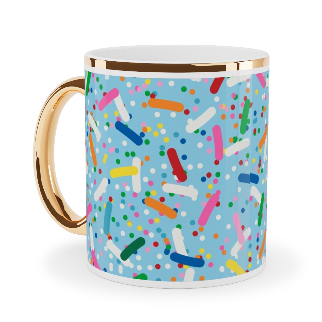Rainbow Sprinkles Ceramic Mug, Gold Handle, , 11oz, Blue, Ocean Mist