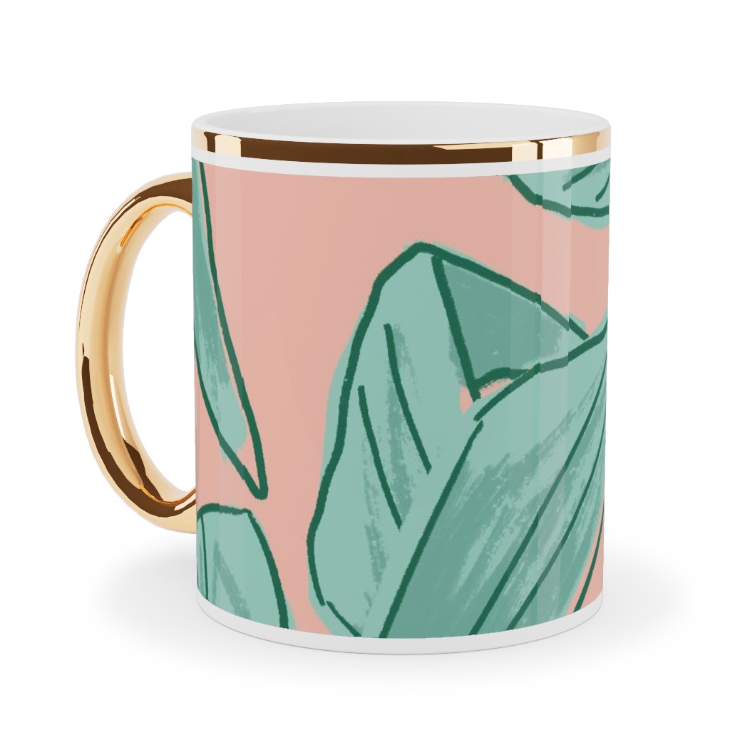 Lush Tropical Leaves - Pink and Mint Ceramic Mug, Gold Handle, , 11oz, Green, Classic Green