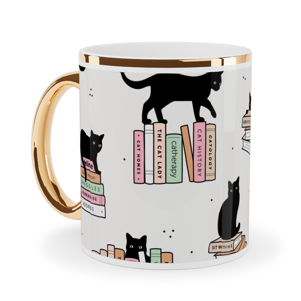 Cats and Books Ceramic Mug, Gold Handle, , 11oz, White, Silver Lining