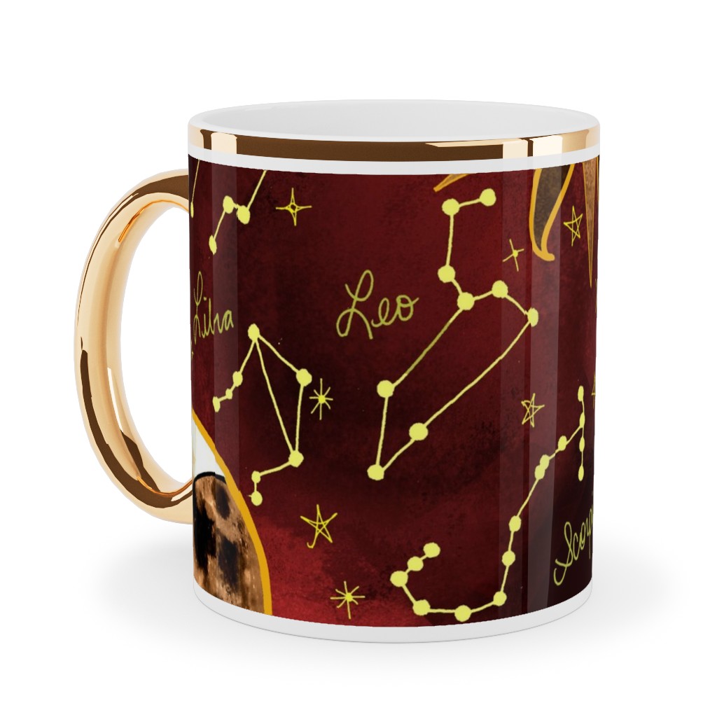 Celestial Star Signs Ceramic Mug, Gold Handle,  , 11oz, Red