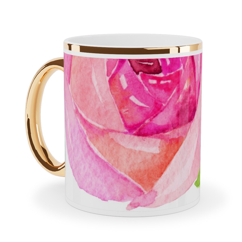 Spring Peonies, Roses, and Poppies - Watercolor Ceramic Mug, Gold Handle, , 11oz, Pink, Bright Pink