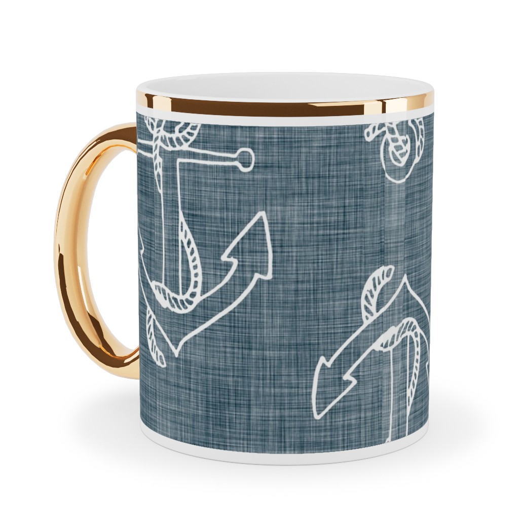 Anchors Away - Textured Blue Ceramic Mug, Gold Handle, , 11oz, Blue, True Blue