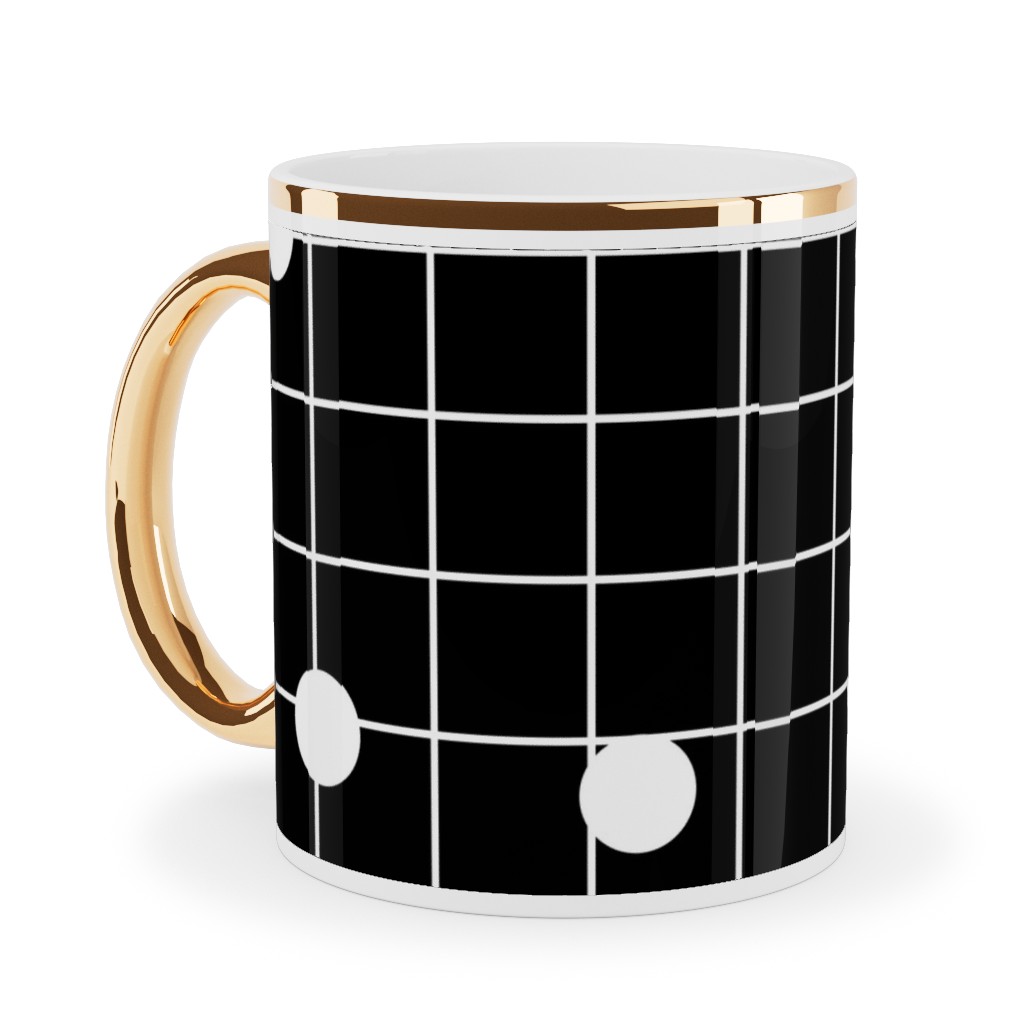 Dot Line - Black and White Ceramic Mug, Gold Handle, , 11oz, Black, Black