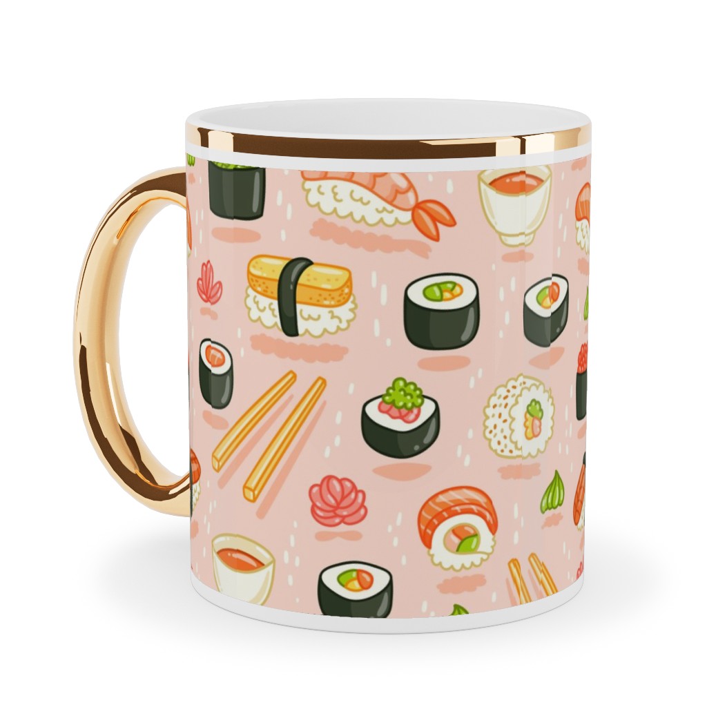 Sushi and Rolls - Pink Ceramic Mug, Gold Handle, , 11oz, Pink, Bright Pink