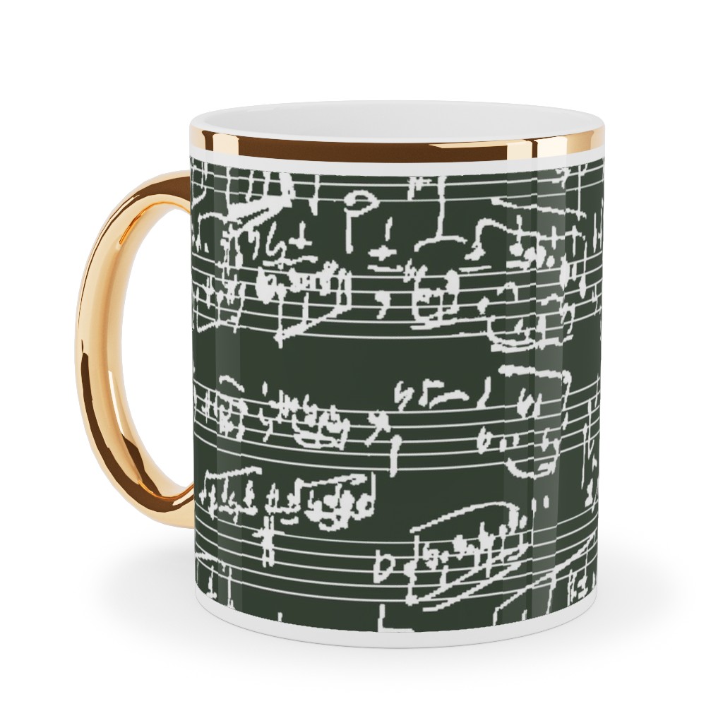 Handwritten Sheet Music Ceramic Mug, Gold Handle,  , 11oz, Green