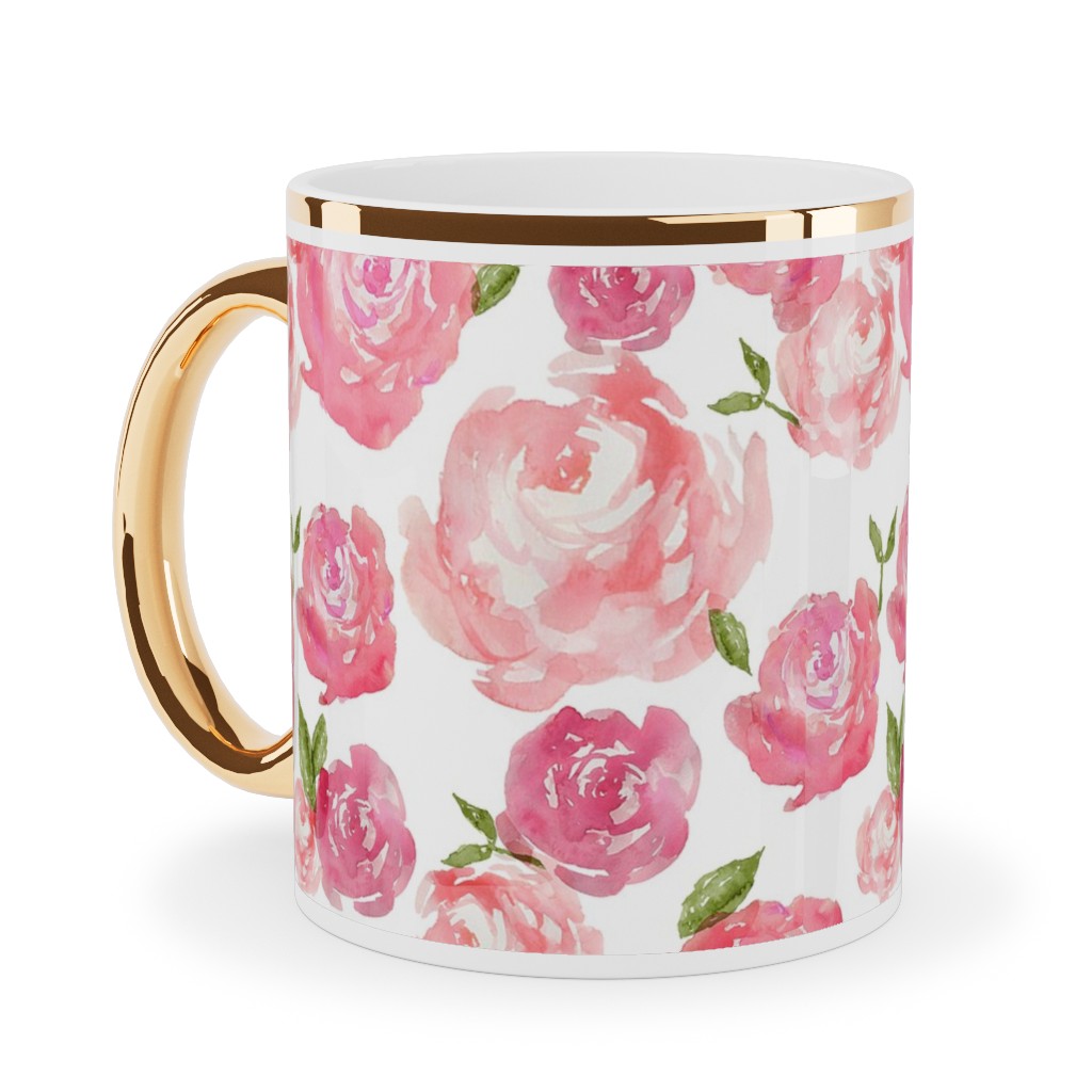 Watercolor Floral - Pink Ceramic Mug, Gold Handle,  , 11oz, Pink