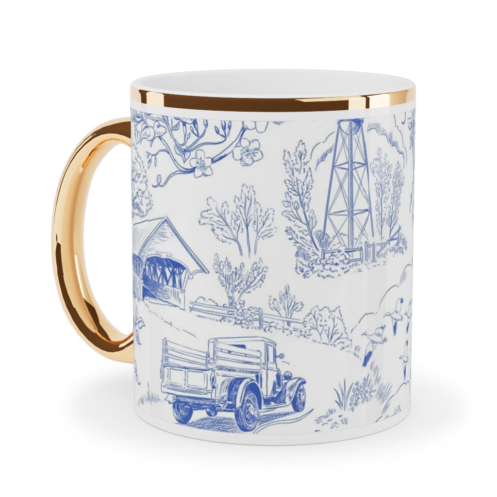 Country Living Toile - Blue Ceramic Mug, Gold Handle, , 11oz, Blue, True Blue