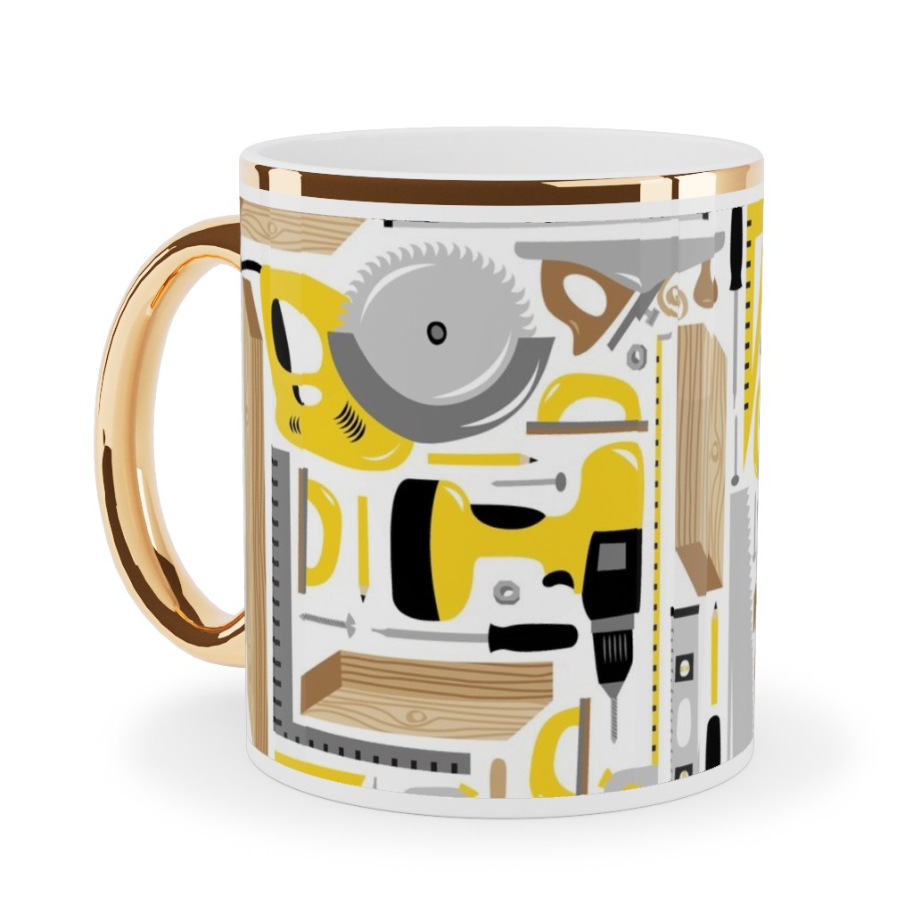 Measure Twice, Cut Once - Multicolor Ceramic Mug, Gold Handle, , 11oz, Yellow, Classic Yellow