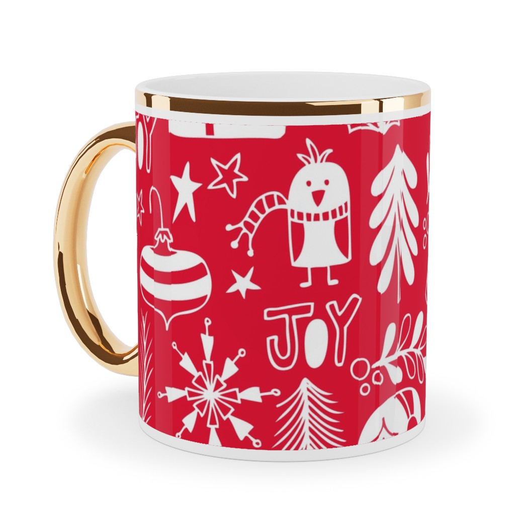 Peace & Joy Christmas - Red Ceramic Mug, Gold Handle,  , 11oz, Red