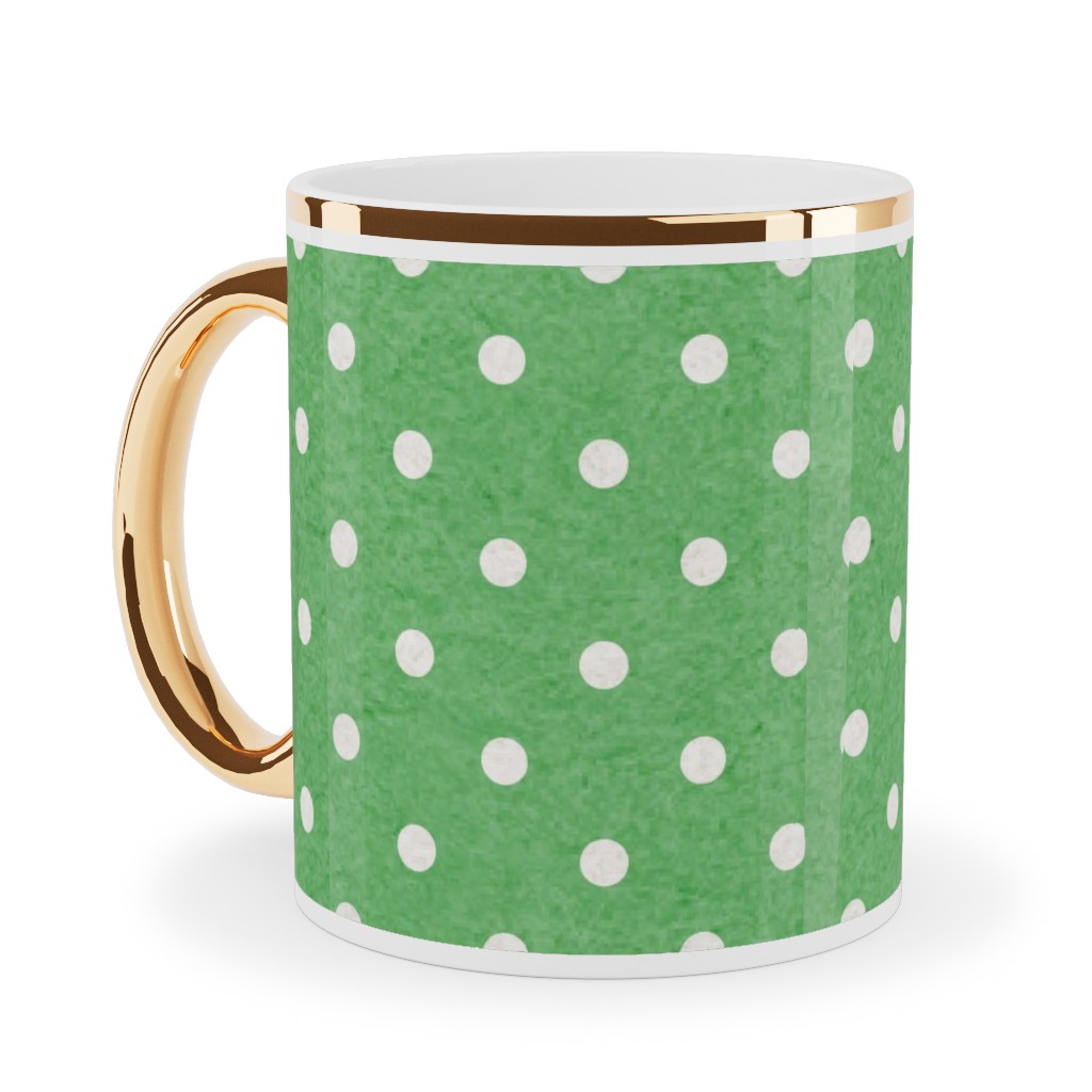 Mottled Xmas Polkadots - Green Ceramic Mug, Gold Handle, , 11oz, Green, Classic Green