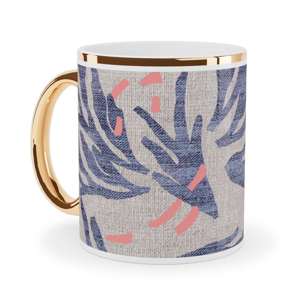 French Linen Anemone Ceramic Mug, Gold Handle, , 11oz, Blue, True Blue