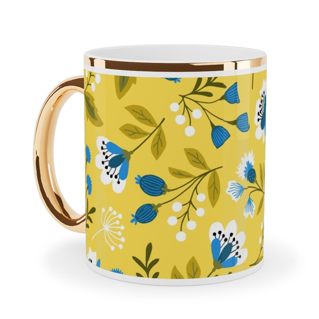 Colorful Spring Flowers - Blue on Yellow Ceramic Mug, Gold Handle, , 11oz, Yellow, Classic Yellow
