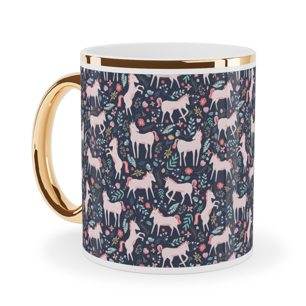 Pink Unicorn Fields - Dark Ceramic Mug, Gold Handle, , 11oz, Multicolor