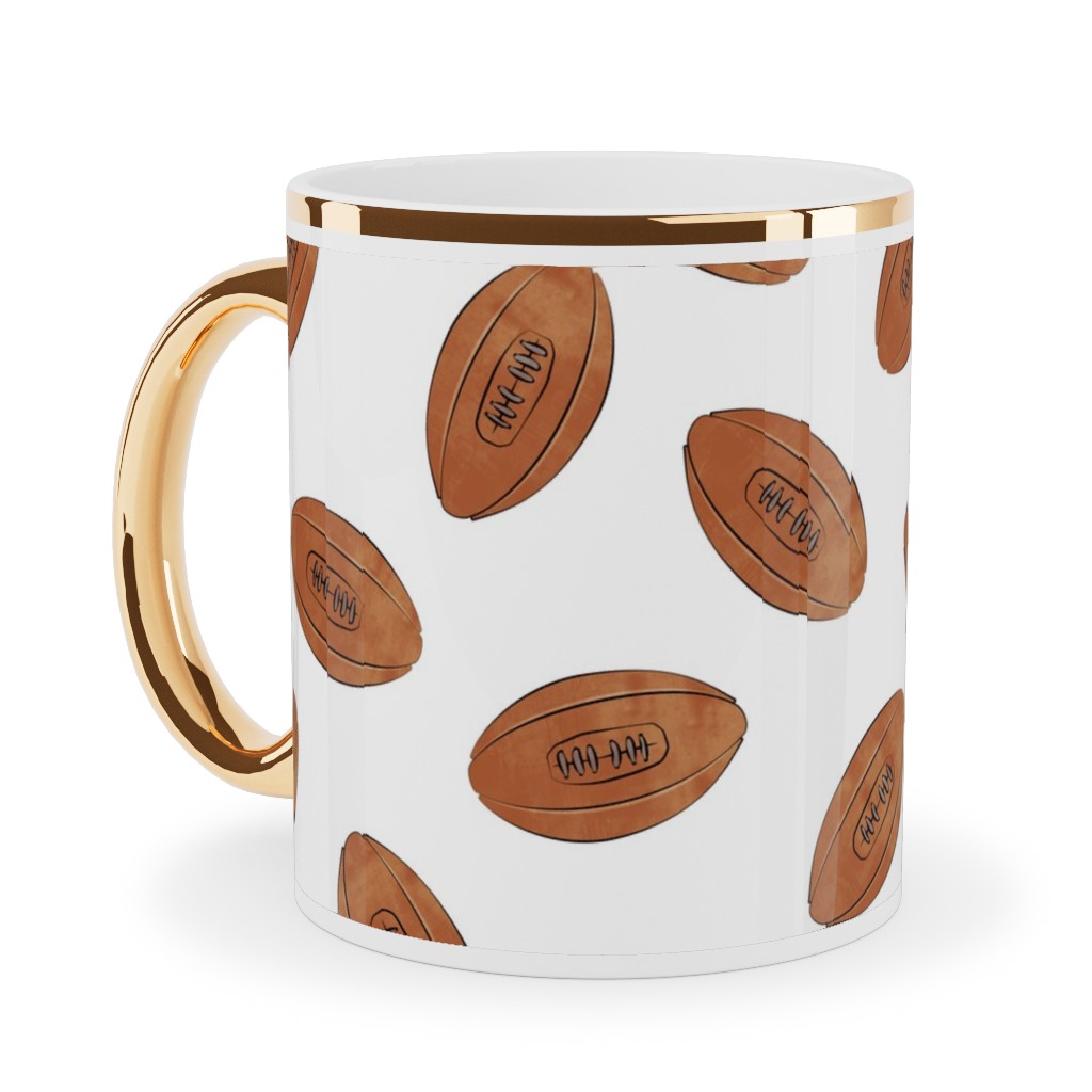 Vintage Football Ceramic Mug, Gold Handle, , 11oz, Brown, White