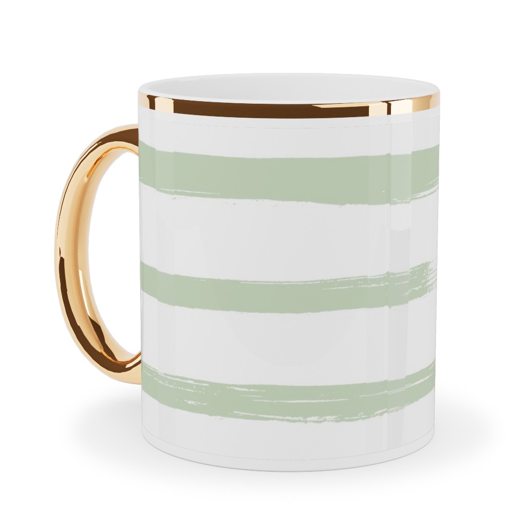 Sage and White Stripes Ceramic Mug, Gold Handle,  , 11oz, Green