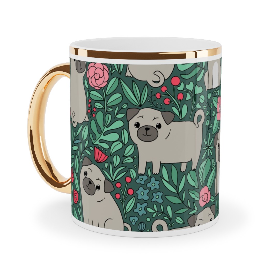 Cute Pugs and Flowers - Multicolor Ceramic Mug, Gold Handle,  , 11oz, Green