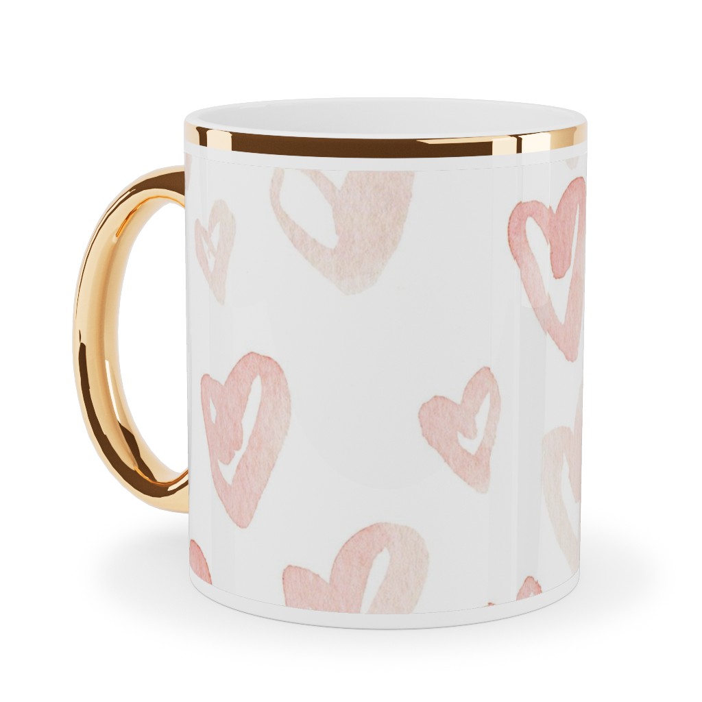 Pale Pink Hearts - Pink Ceramic Mug, Gold Handle,  , 11oz, Pink