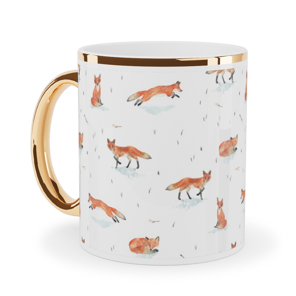 Winter Fox - White Ceramic Mug, Gold Handle, , 11oz, Orange, Orange