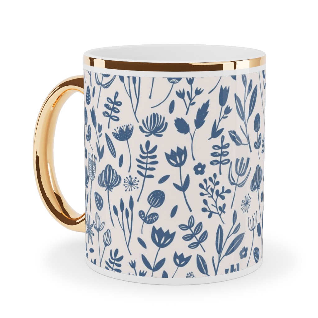 Folk Botanical Print - Blue Ceramic Mug, Gold Handle, , 11oz, Blue, True Blue