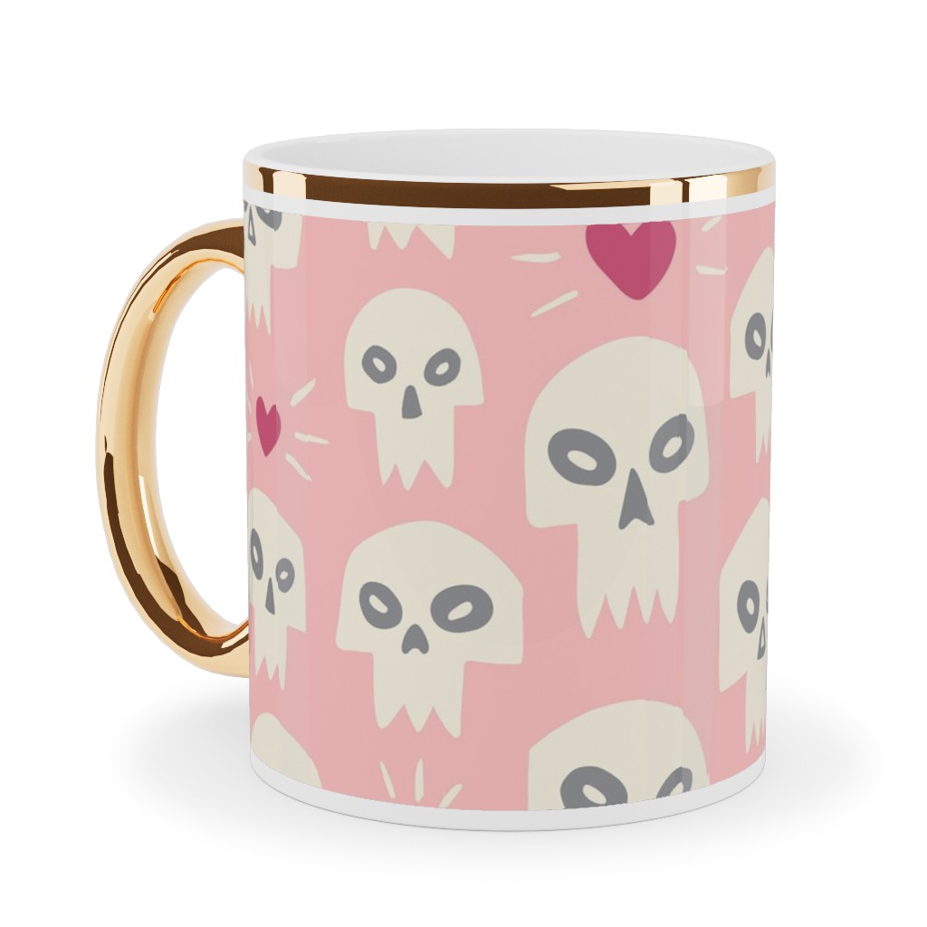 Skulls With Hearts - Pink Ceramic Mug, Gold Handle,  , 11oz, Pink
