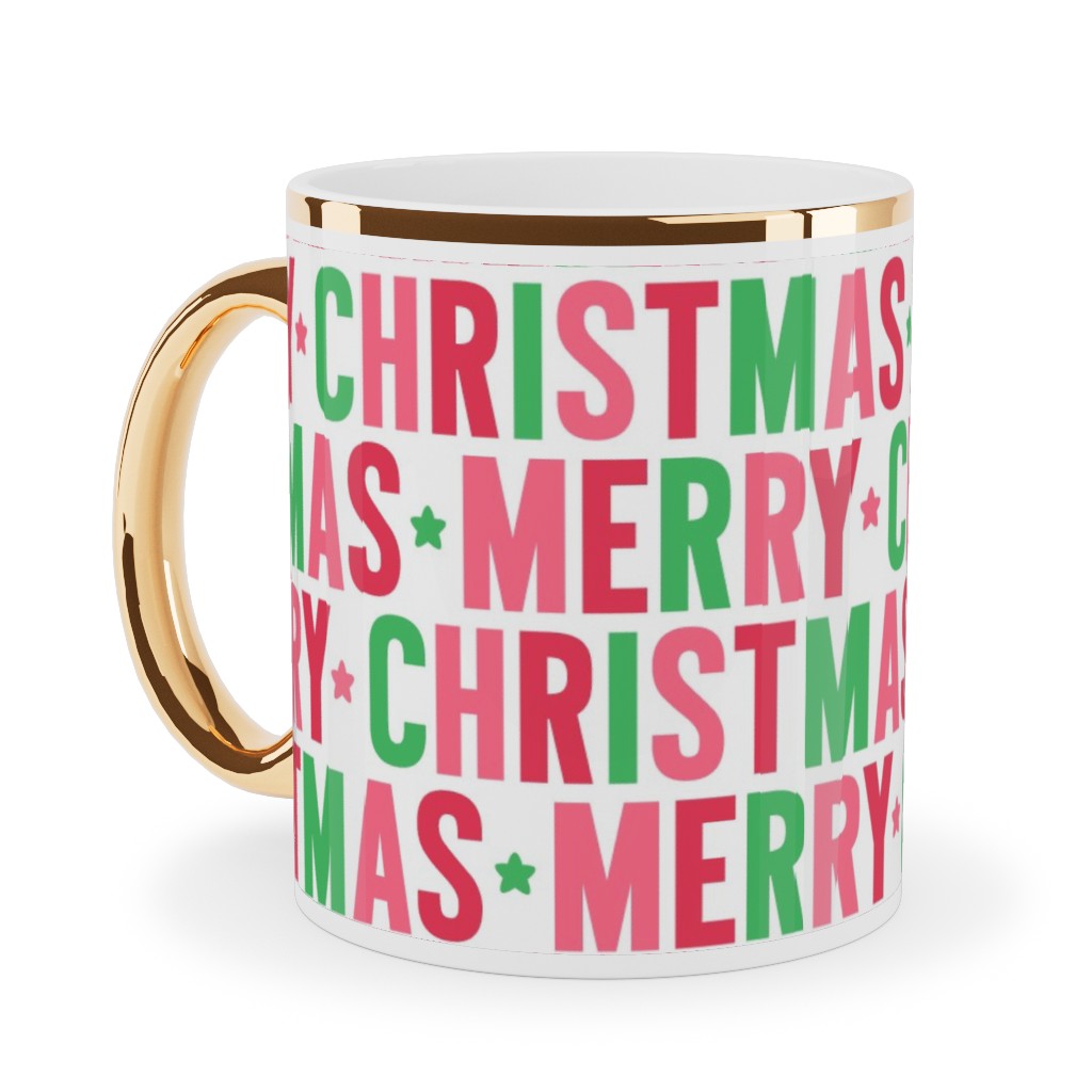 Merry Christmas Uppercase - Green, Pink, Red Ceramic Mug, Gold Handle, , 11oz, Multicolor
