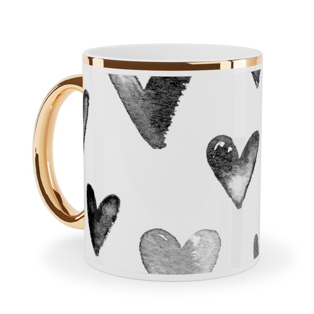 Watercolor Hearts - Black and White Ceramic Mug, Gold Handle, , 11oz, Black, Black