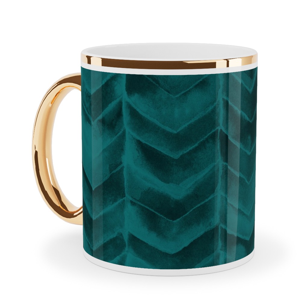 Watercolor Chevron Ceramic Mug, Gold Handle, , 11oz, Green, Seaweed