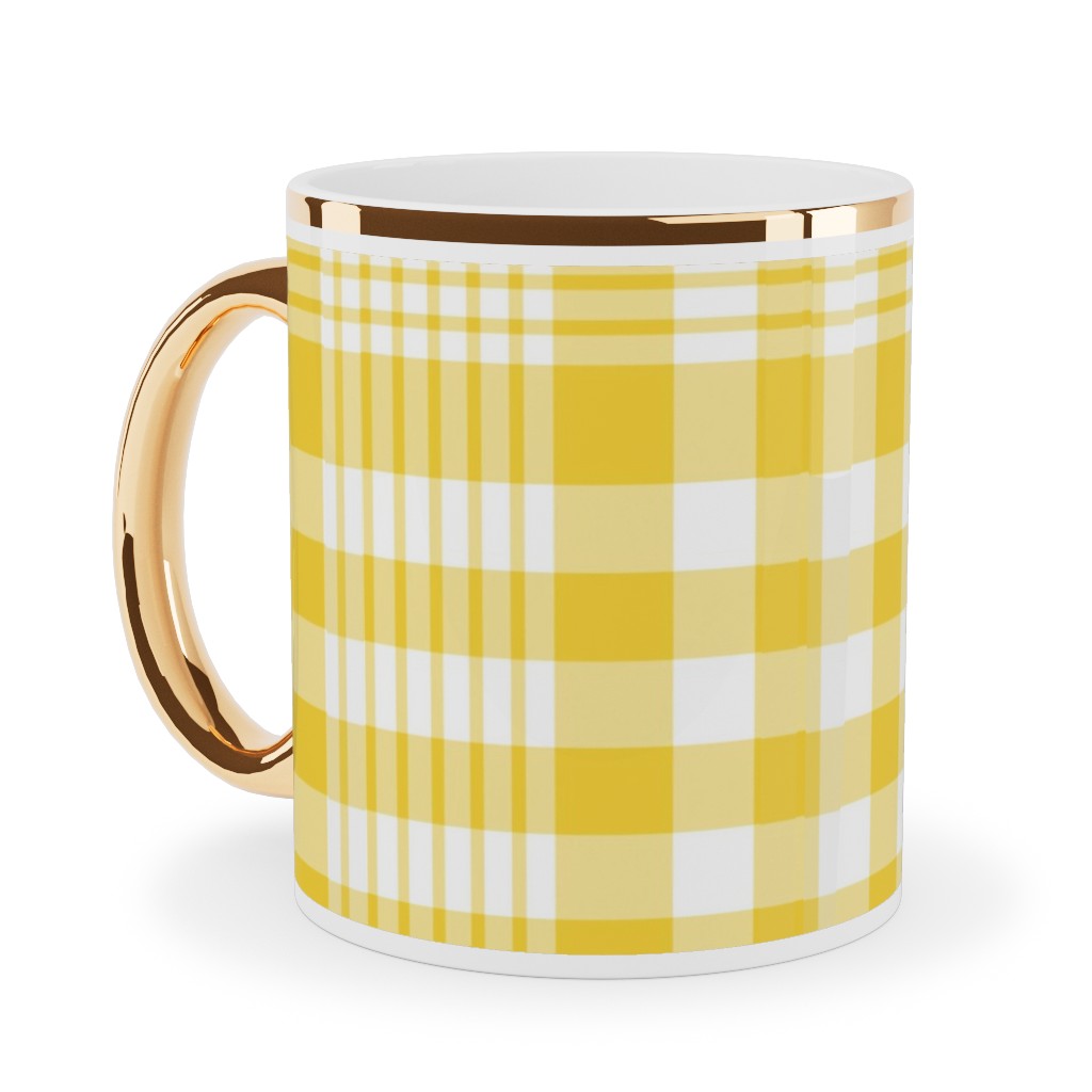 Plaid Pattern Ceramic Mug, Gold Handle, , 11oz, Yellow, Sunshine