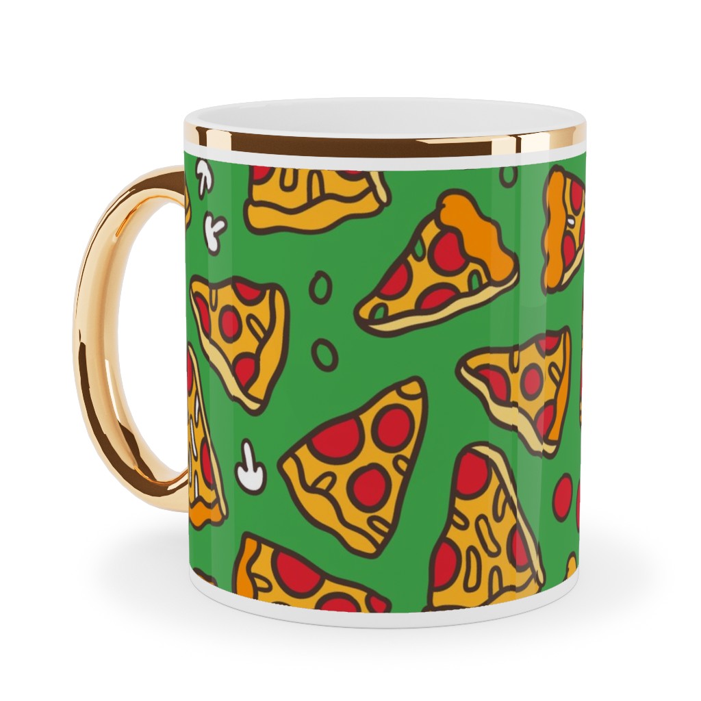Pizza Pattern Ceramic Mug, Gold Handle, , 11oz, Green, Celadon
