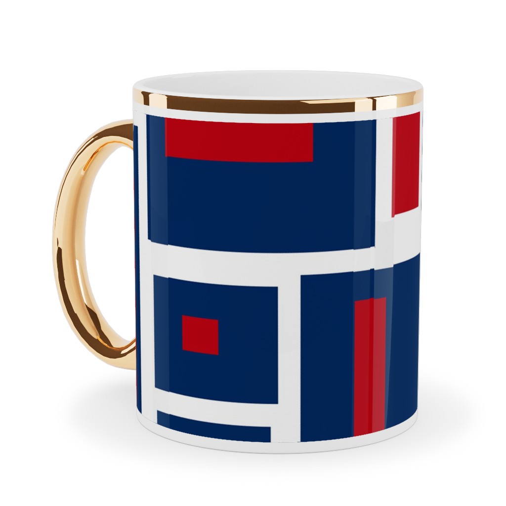 Geometric Rectangles in Red, White and Blue Ceramic Mug, Gold Handle,  , 11oz, Blue