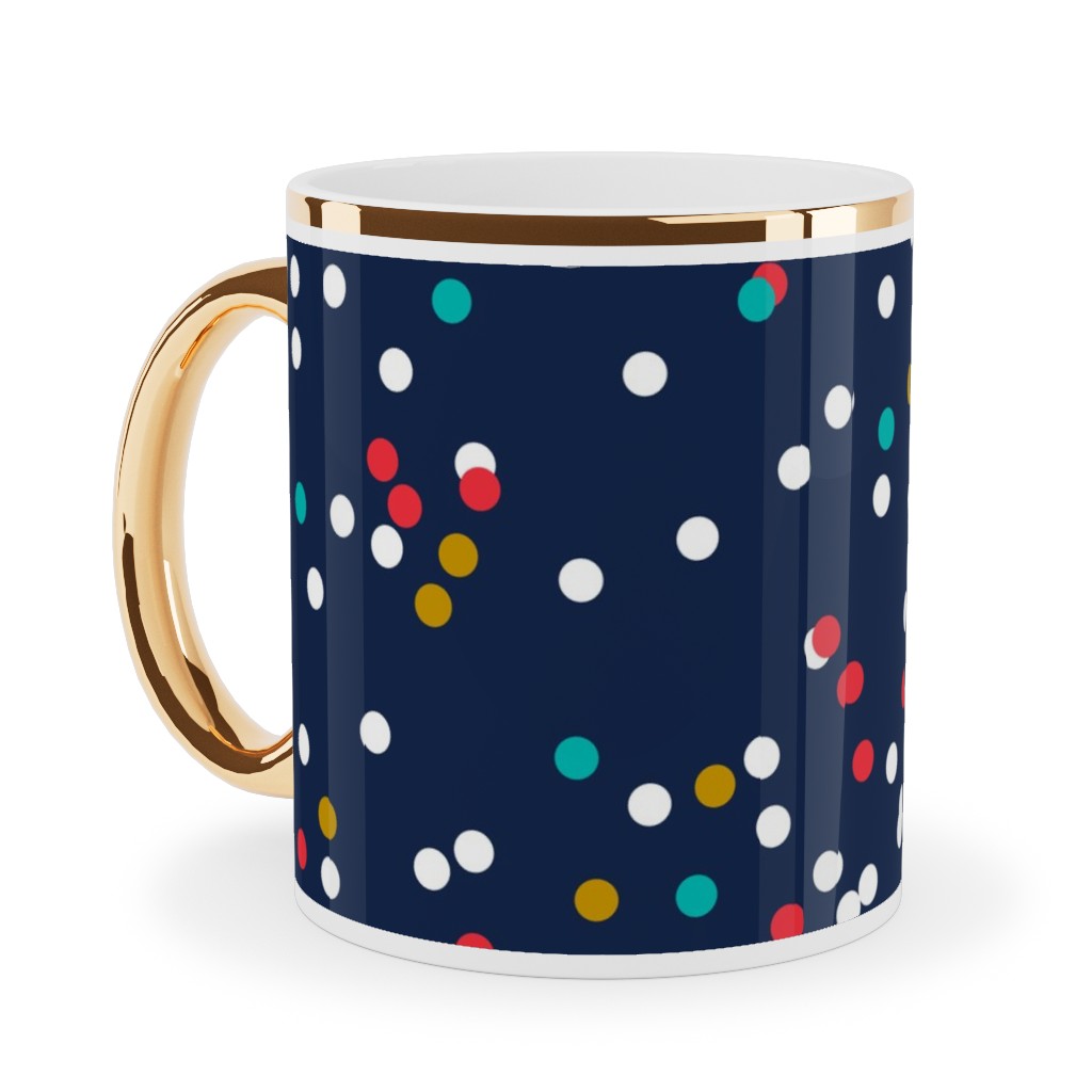 Fun-Fetti - Polka Dot - Navy Blue Ceramic Mug, Gold Handle, , 11oz, Blue, True Blue