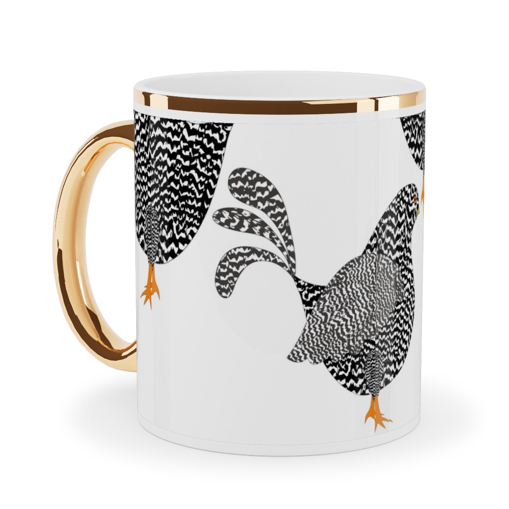 Chick Chick Chickens - Black and White Ceramic Mug, Gold Handle, , 11oz, White, White