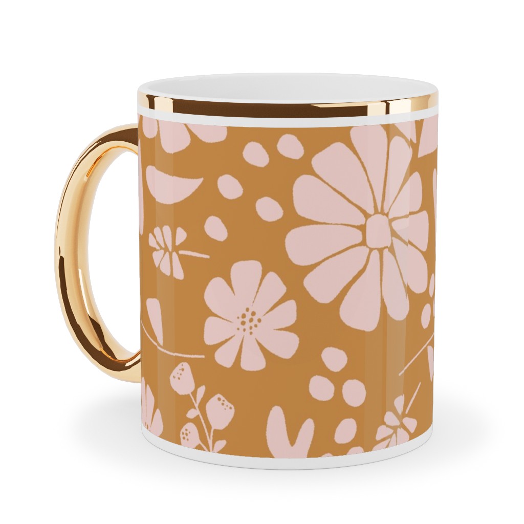Jungle Floral - Orange and Pink Ceramic Mug, Gold Handle,  , 11oz, Orange