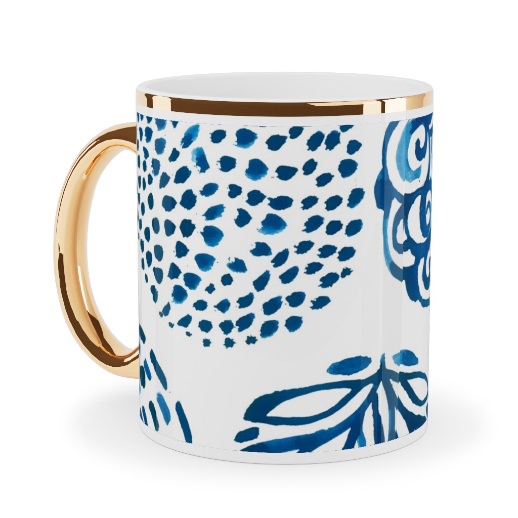 Watercolor Circles of Nature - Blue Ceramic Mug, Gold Handle, , 11oz, Blue, True Blue