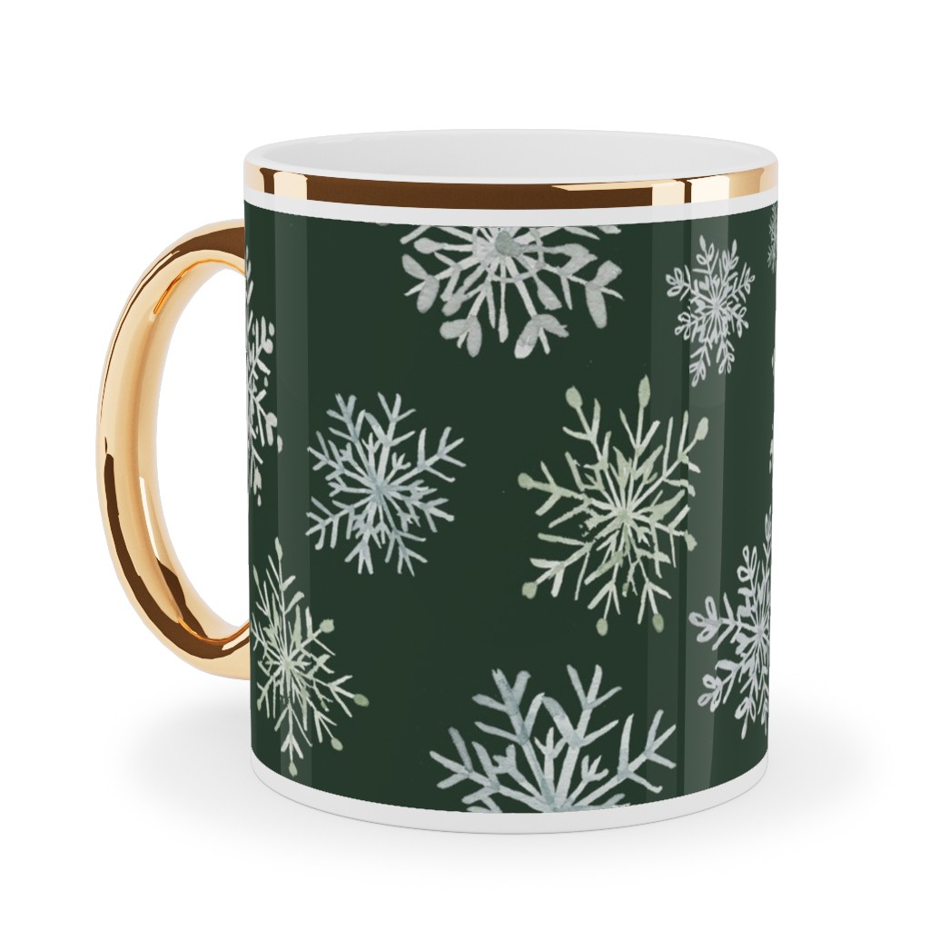 Lace Snowflakes on Hunter Green Ceramic Mug, Gold Handle,  , 11oz, Green