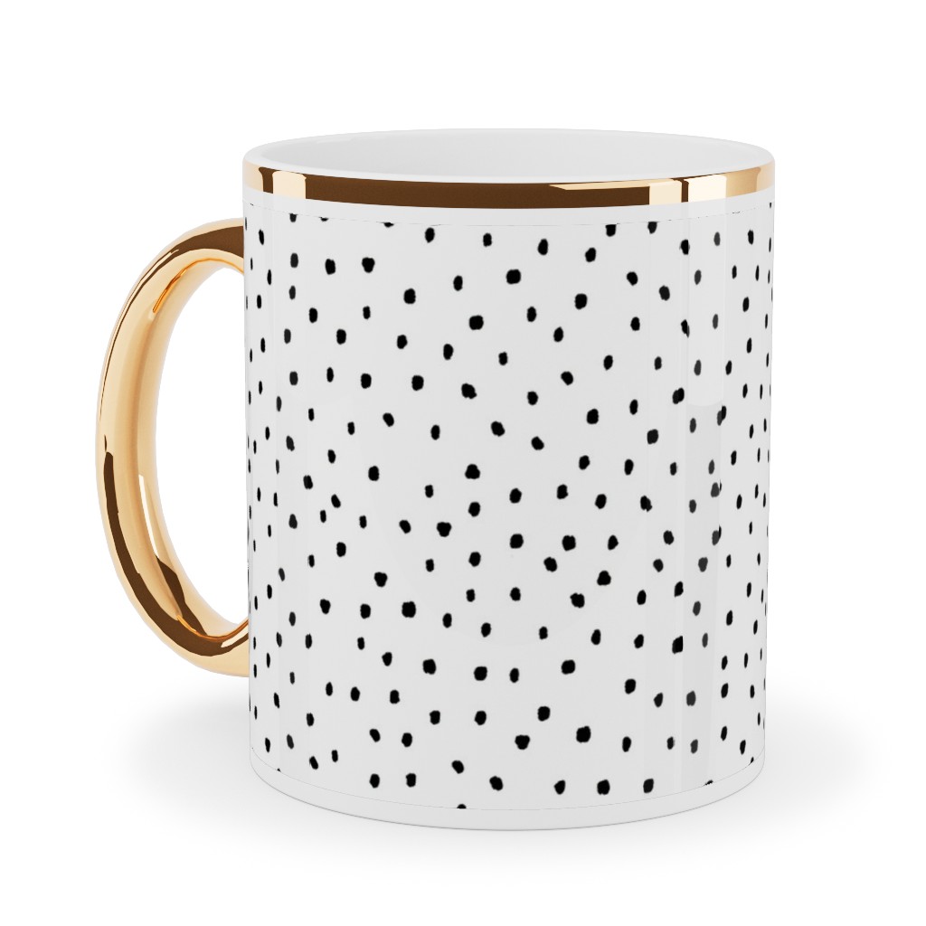 Tiny Dot - Black + White Ceramic Mug, Gold Handle, , 11oz, White, White
