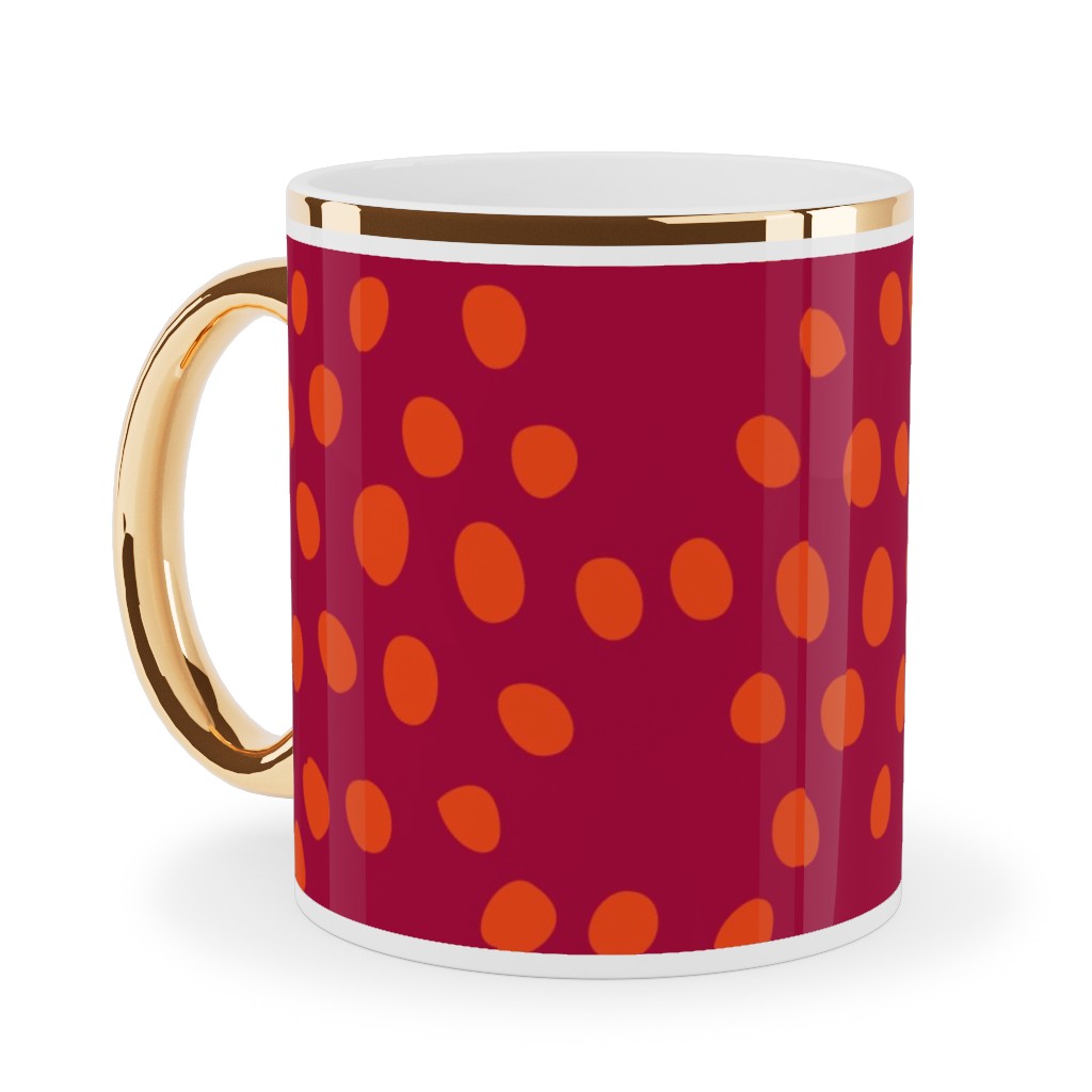 Hexagon Dots - Red and Orange Ceramic Mug, Gold Handle,  , 11oz, Red
