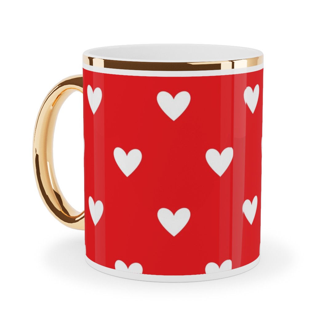 Love Hearts - Red Ceramic Mug, Gold Handle,  , 11oz, Red