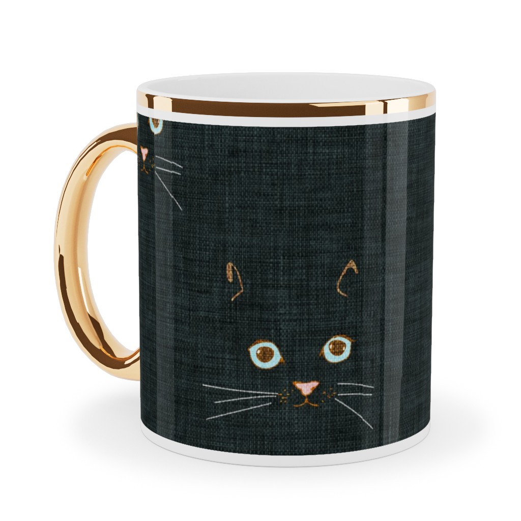 Cat Face - Black Ceramic Mug, Gold Handle,  , 11oz, Black