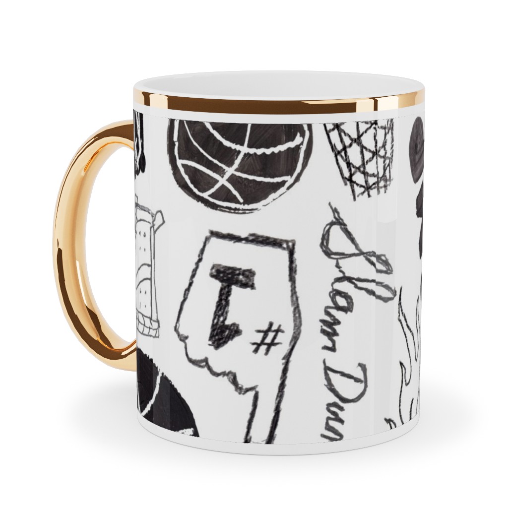 Basketball - Black and White Ceramic Mug, Gold Handle,  , 11oz, White