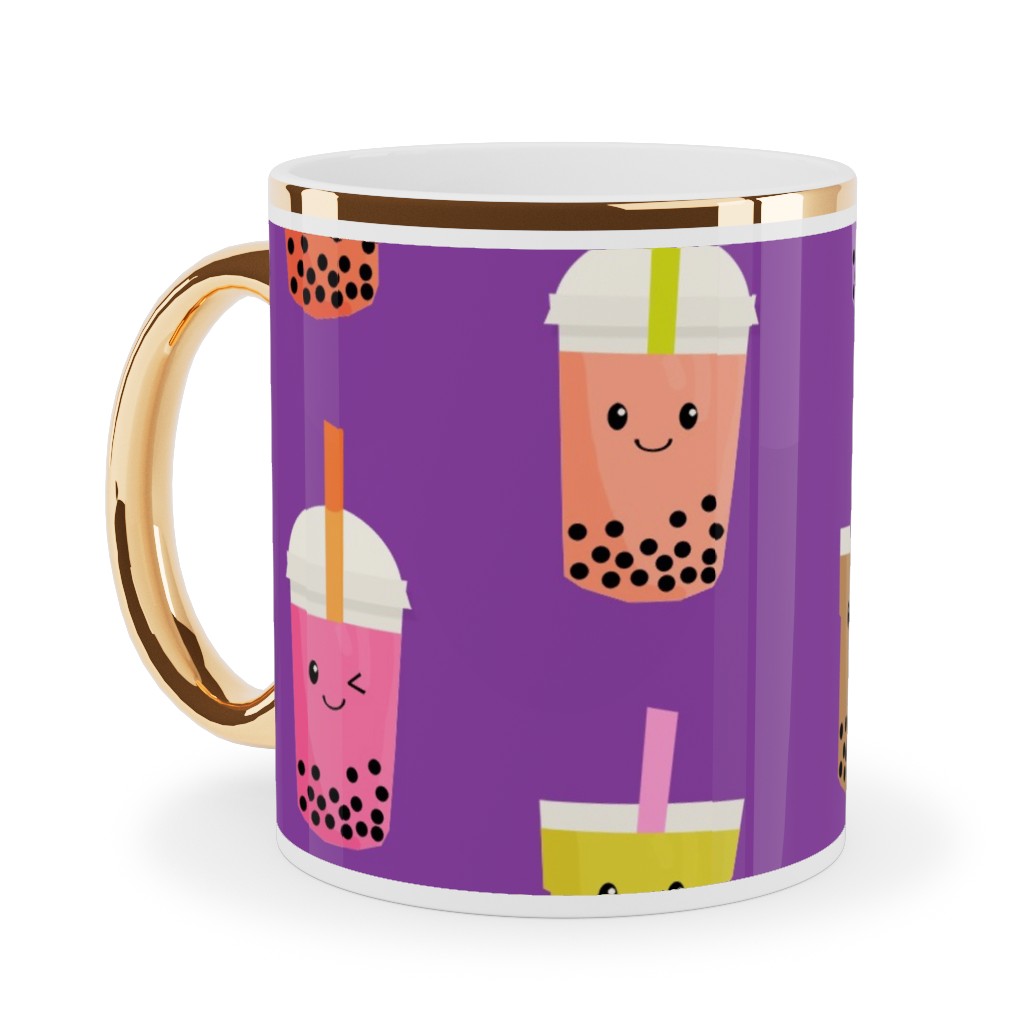 Boba Tea Ceramic Mug, Gold Handle,  , 11oz, Purple