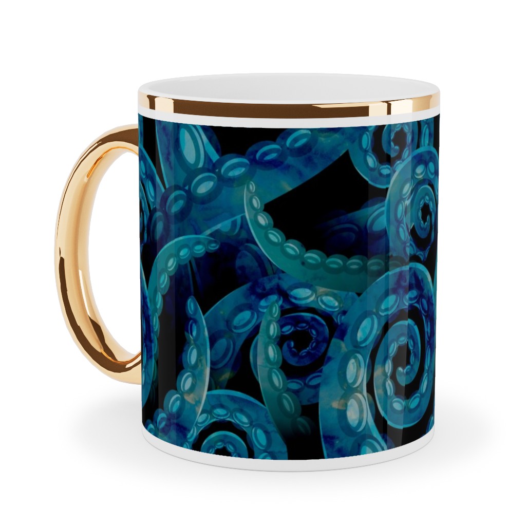 Octopus Watercolor - Blue Ceramic Mug, Gold Handle, , 11oz, Blue, True Blue