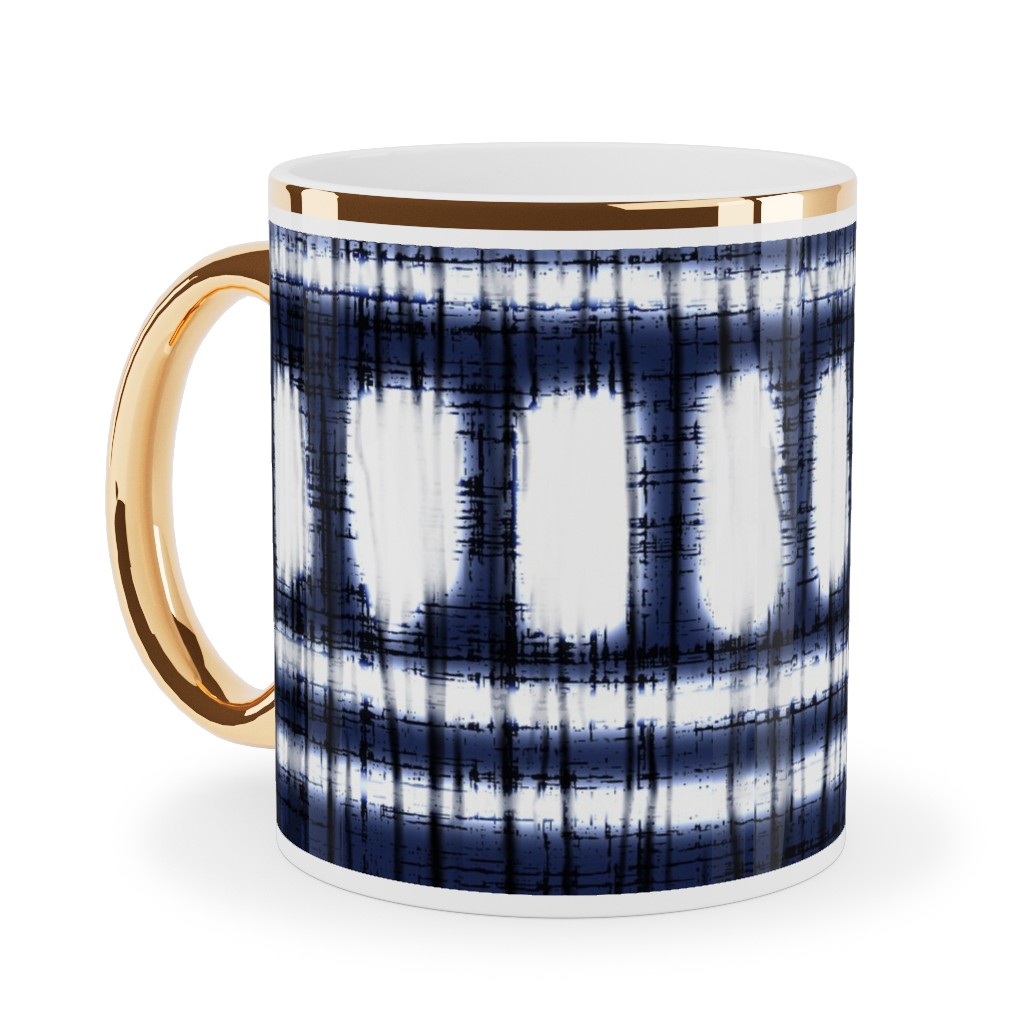 Shibori - Organic and Loose Lines and Dots Ceramic Mug, Gold Handle,  , 11oz, Blue