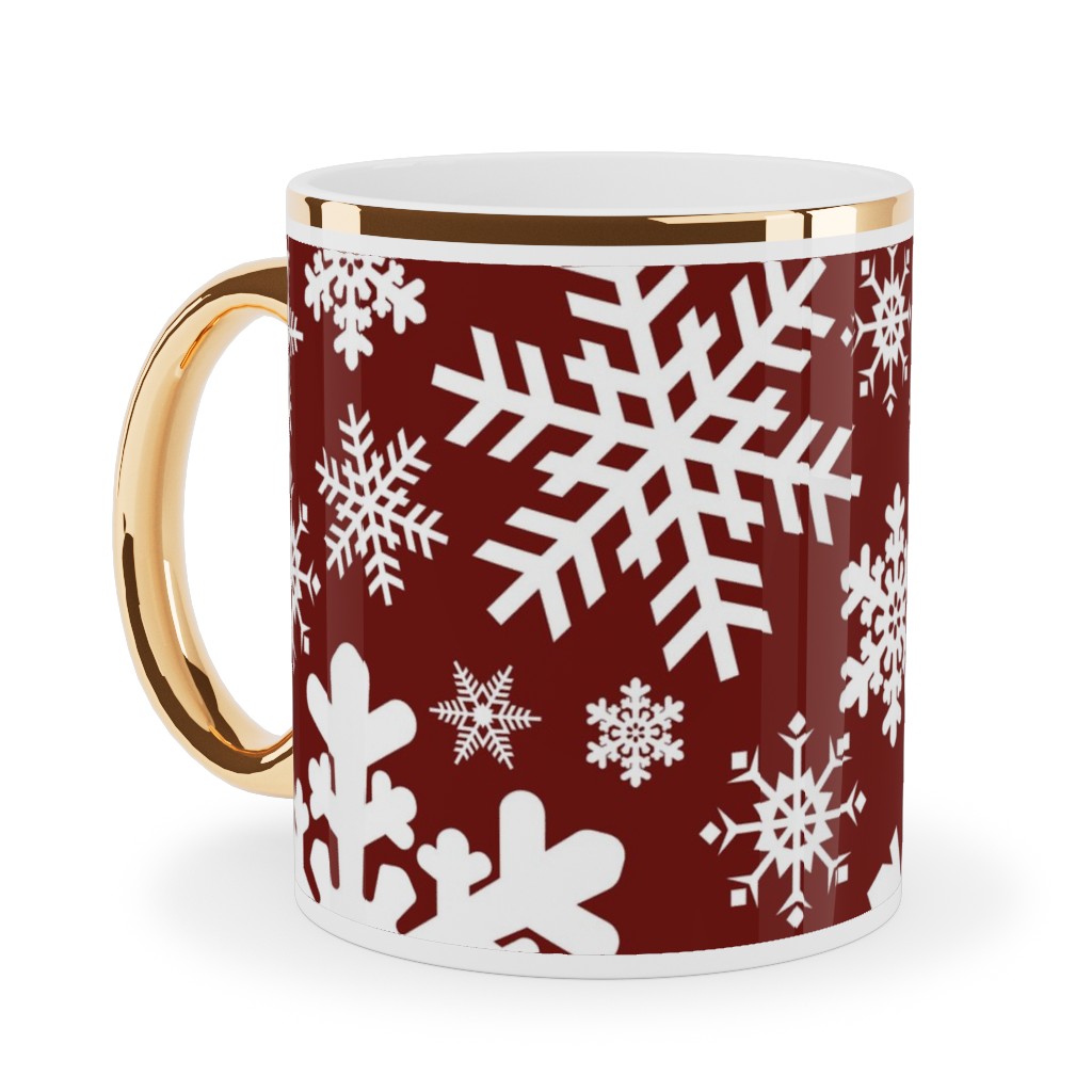 Christmas White Snowflakes on Red Background Ceramic Mug, Gold Handle, , 11oz, Red, Red