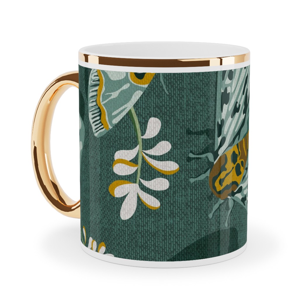Gathering Moths - Green Ceramic Mug, Gold Handle, , 11oz, Green, Classic Green