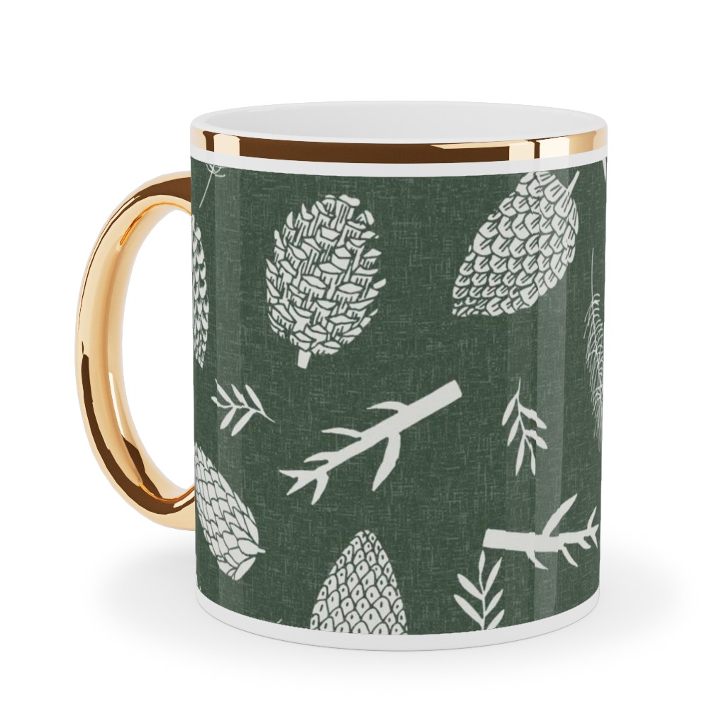 Pinecones - Hunter Green Ceramic Mug, Gold Handle,  , 11oz, Green